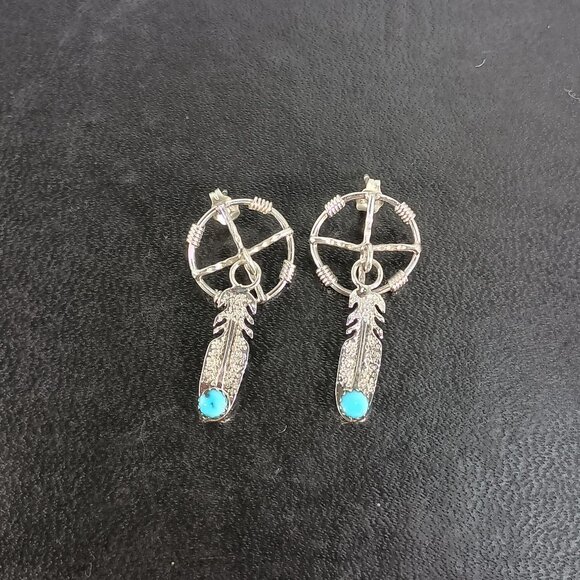 Native America Navajo Sterling Silver Turquoise Post / Dangling Feather Earrings - Picture 1 of 7